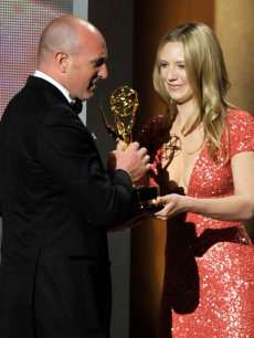 Director Michael Sucsy accepts the Outstanding Made For Television Movie award from actress Anna Torv onstage during the 61st Primetime Emmy Awards held at the Nokia Theatre, LA, September 20, 2009