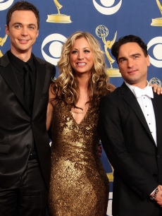 ‘Big Bang Theory’ stars Jim Parsons, Kaley Cuoco and Johnny Galecki smile backstage at the 61st Annual Primetime Emmy Awards at the Nokia Theater in LA on September 20, 2009