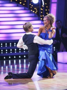 Joanna Krupa and Derek Hough compete as part of team Foxtrot in the relay round