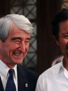 Sam Waterston and Benjamin Bratt smile at the ‘Law & Order’ 20th season kickoff celebration in New York City on September 23, 2009