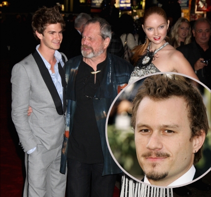 The cast and director of ‘The Imaginarium of Dr. Parnassus,’ Heath Ledger inset