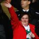 Susan Boyle waves to fans while attending a soccer game, Glasgow, Scotland, Oct. 22, 2009