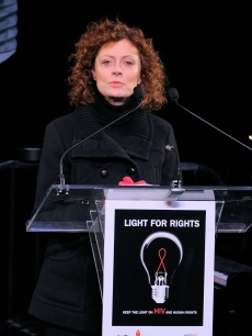 Susan Sarandon speaks during the amfAR World AIDS Day event at Washington Square Park in New York City, on December 1, 2009