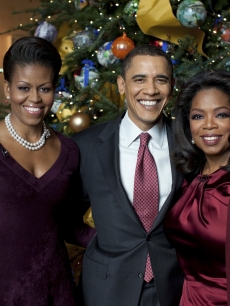 Michelle Obama, President Barack Obama and Oprah Winfrey pose in a promo shot for ‘Christmas At The White House,’ Dec. 2009
