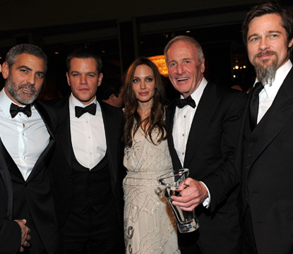 Bruce Willis, George Clooney, Matt Damon, Angelina Jolie, Jerry Weintraub, and Brad Pitt attend the UNICEF Ball held at the Beverly Wilshire Hotel on December 10, 2009 in Beverly Hills, California
