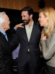 Jon Hamm and wife Jennifer Westfeldt with Kirk Douglas at the Motion Picture & Television Fund’s LA premiere of “Before I Forget”