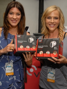 ‘Dexter’ stars Jennifer Carpenter and Julie Benz are all smiles with their Vue by Avaak Personal Video Networks at Access Hollywood’s 4th Annual ‘Stuff You Must…' Golden Globes Gifting Lounge at the Sofitel Hotel in LA on January 16, 2010
