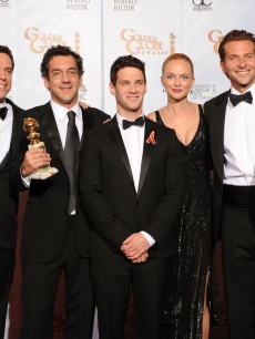 Ed Helms, Justin Bartha, director Todd Phillips, actress Heather Graham, actor Bradley Cooper and former boxer Mike Tyson pose with the Best Motion Picture, Comedy or Musical award for ‘The Hangover’ in the press room at the 67th Annual Golden Globe Awards held at The Beverly Hilton Hotel on January 17, 2010 in Beverly Hills, California.