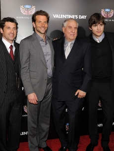Carter Jenkins, Patrick Dempsey, Bradley Cooper, director Garry Marshall, Ashton Kutcher, and George Lopez at the premiere of New Line Cinema’s ‘Valentine’s Day’ in Los Angeles, Calif. on February 8, 2010