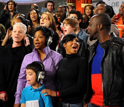 Pink, Gladys Knight, Celine Dion, Justin Bieber, Toni Braxton, Wyclef Jean and more perform at the ‘We Are The World 25 Years for Haiti’ recording session held at Jim Henson Studios on February 1, 2010 in Hollywood, Calif.