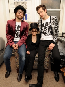 Sean Lennon, Yoko Ono and Mark Ronson pose backstage at the Brooklyn Academy of Music on February 16, 2010