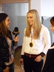    Access Hollywood’s Maria Menounos chats with Lindsey Vonn and Julia Mancuso at the 2010 Winter Olympics held in Vancouver, Canada, February 2010    