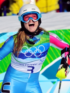 Julia Mancuso celebrates after skiing in the Alpine Skiing Ladies Super Combined Slalom Day 7 at the Vancouver Winter Olympics on February 18, 2010
