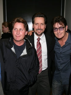Martin Sheen poses with Emilio Estevez, Ramon Estevez, Charlie Sheen and Renee Estevez backstage after the opening night performance of ‘The Subject Was Roses’ at the Center Theatre Group’s Mark Taper Forum, LA, February 21, 2010