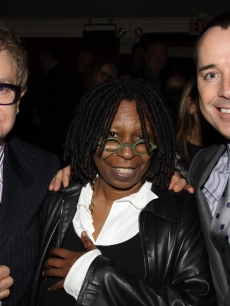 Elton John, Whoopi Goldberg and David Furnish pose backstage at the play ‘Next Fall’ on Broadway at The Helen Hayes Theater on March 14, 2010 in New York City