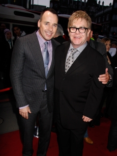 David Furnish and Sir Elton John arrive at the fifth birthday anniversary of ‘Billy Elliot The Musical’, at the Victoria Palace Theatre in London, England on March 31, 2010 