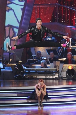 Evan Lysacek leaps into the splits over partner Anna Trebunskaya as they dance the jive during Week 2 of ‘Dancing with the Stars’ Season 10 on March 29, 2010   
