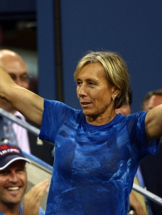 Martina Navratilova gestures before the women’s singles finals between Serena Williams of the United States and Jelena Jankovic of Serbia during Day 14 of the 2008 U.S. Open at the USTA Billie Jean King National Tennis Center on September 7, 2008 in the Flushing neighborhood of the Queens borough of New York City