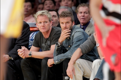 Gordon Ramsay and pal David Beckham attend a game between the Portland Trail Blazers and the Los Angeles Lakers at Staples Center, LA, April 11, 2010