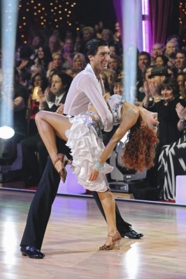 Evan Lysacek dips partner Anna Trebunskaya during the samba on ‘Dancing with the Stars’ Season 10, Week 6 on April 26, 2010
