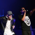 Eminem and Jay-Z and  perform together on-stage at the launch of ‘DJ Hero’ at the Wiltern Theatre in Los Angeles, California on June 1, 2009 
