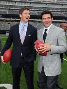 New York Giants quarterback Eli Manning and New York Jets quarterback Mark Sanchez attend the New York Giants and Jets send-off ceremony for the 2014 Super Bowl Bid at New Meadowlands Stadium, East Rutherfood, NJ, May 12, 2010