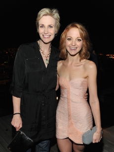 ‘Glee’s’ Jane Lynch and Jayma Mays attend the NY Upfronts celebration with Entertainment Weekly and 20th Century Fox Television at Cooper Square Penthouse in New York City on May 16, 2010 