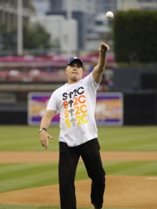 Ray Liotta throws out the first pitch on the San Diego Padres field as an ambassador for Stand Up To Cancer as the team announces a partnership with SU2C, May 14, 2010