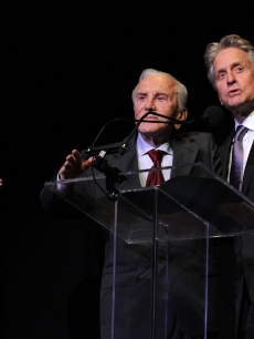 Kirk Douglas presents his son, Michael Douglas, with an award at The Film Society of Lincoln Center’s 37th Annual Chaplin Award gala at Alice Tully Hall on May 24, 2010 in New York City