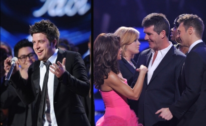 Lee DeWyze reacts after being crowned the Season 9 ‘American Idol,’ Paula Abdul and Simon Cowell on stage, May 26, 2010