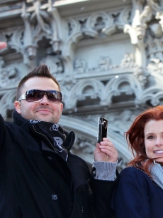 Nick Swisher and Joanna Garcia at the New York Yankees World Series victory parade in NYC on November 6, 2009