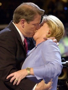 Then-Vice President Al Gore kisses his wife Tipper as he steps onto the stage at the Democratic National Convention in Los Angeles on Aug. 17, 2000