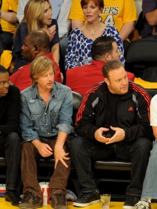 Chris Rock, David Spade, Kevin James and Adam Sandler cheer on the Lakers during Game 1 of the NBA Finals between the Los Angeles Lakers and the Boston Celtics at the Staples Center in Los Angeles on June 3, 2010