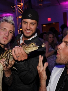 Luke Bryan, Tom Gossin and Mike Gossin of Gloriana play with a baby alligator at the CMT Music Awards after party at the Hutton Hotel in Nashville on June 9, 2010

