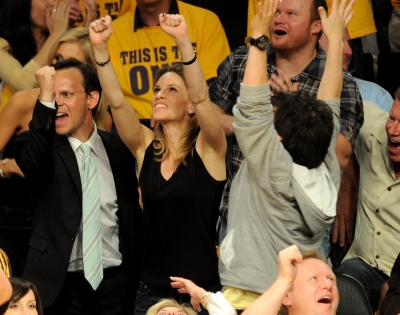 Lakers fan Hilary Swank cheers at Game 1 of the NBA Finals between the Los Angeles Lakers and the Boston Celtics at the Staples Center in Los Angeles on June 3, 2010