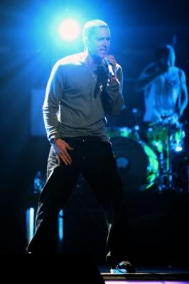 Eminem performs on stage at the Activision E3 preview event at the Staples Center in Los Angeles on June 14, 2010