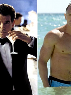 Pierce Brosnan as James Bond in “Die Another Day,” 2002 (left), and Daniel Craig in “Casino Royale,” 2006 (right)