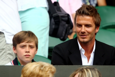 David Beckham hits the stands with son Brooklyn Beckham at Wimbledon, London, July 2, 2010