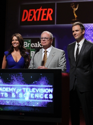 Sofía Vergara, Chairman for the Academy of TV Arts & Sciences John Shaffner and Joel McHale announce the 62nd Primetime Emmy Awards Nominations held at Leonard H. Goldenson Theatre in North Hollywood, California on July 8, 2010 