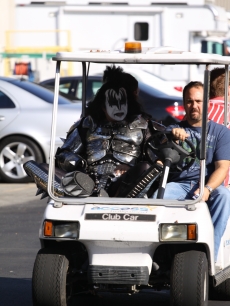 Fresh off of a performance on “The Tonight Show With Jay Leno” Gene Simmons takes a ride on the NBC golf carts in Burbank, Calif., on July 19, 2010