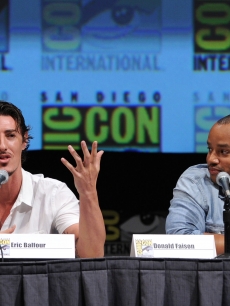 Eric Balfour and Donald Faison speak onstage at the “Skyline” panel discussion during Comic-Con International at the San Diego Convention Center in San Diego, Calif., on July 23, 2010
