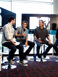 MTV personality Josh Horowitz talks with “Tron: Legacy” actors Garrett Hedlund and Jeff Bridges and director Joseph Kozinski in the MySpace & MTV Tower during Comic-Con International in San Diego, Calif., on July 23, 2010