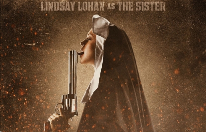 Lindsay Lohan, dressed like a nun, licks a gun in a promotional poster for “Machete,” in theaters September 5, 2010. For more head to www.vivamachete.com