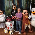 Star Wars creator and filmmaker George Lucas meets a group of Star Wars-inspired Disney characters at Disney’s Hollywood Studios theme park in Lake Buena Vista, Fla., on August 14