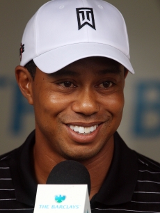 Tiger Woods speaks with the media after his practice round at The Barclays on August 25, 2010 in Paramus, New Jersey