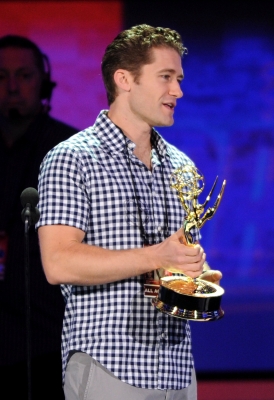 “Glee” star Matthew Morrison gets ahold of an Emmy onstage during rehearsals for the 62nd annual Primetime Emmy Awards on August 28, 2010 in Los Angeles, Calif.