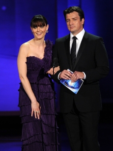 Emily Deschanel and Nathan Fillion speak onstage at the 62nd Annual Primetime Emmy Awards held at the Nokia Theatre L.A. Live on August 29, 2010