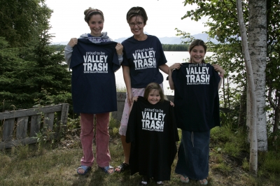 Sarah Palin and daughters Bristol, Piper and Willow model “Proud to be Valley Trash” T-shirts as the result of State Senator Ben Stevens (son of Ted Stevens) comments that people living in the Mat-Su Borough are “just Valley trash,” Wasilla, Alaska, July 21, 2004