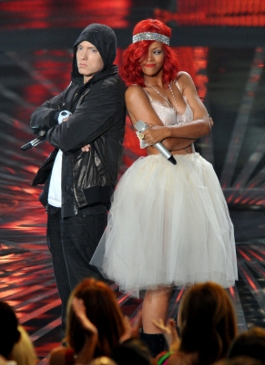Eminem and Rihanna on stage at the MTV VMAs, held at the Nokia Live, Los Angeles, Sept. 12, 2010