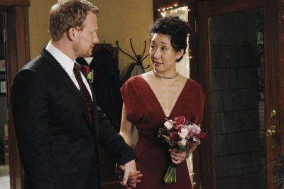 Christina and Owen prepare to walk down the aisle on “Grey’s Anatomy”